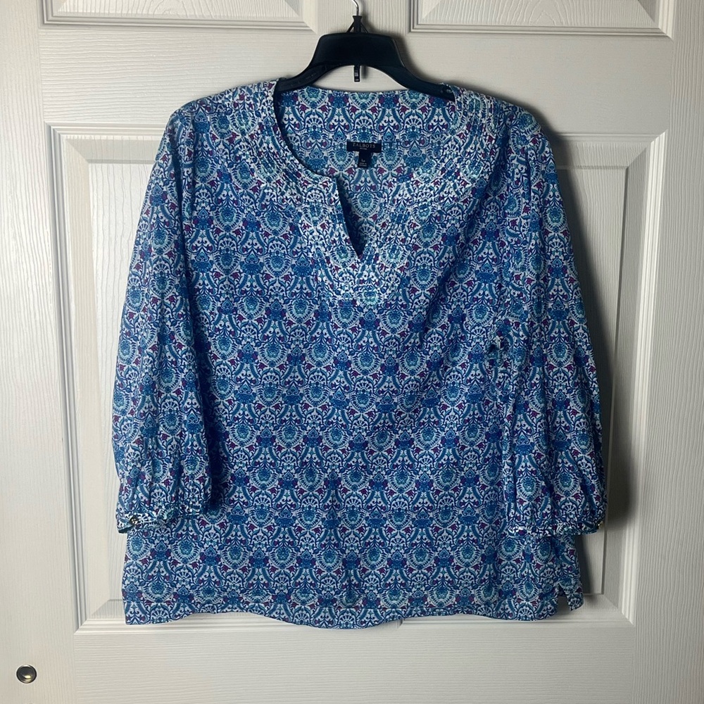 Talbots Blue Printed Split-Neck Tunic Top